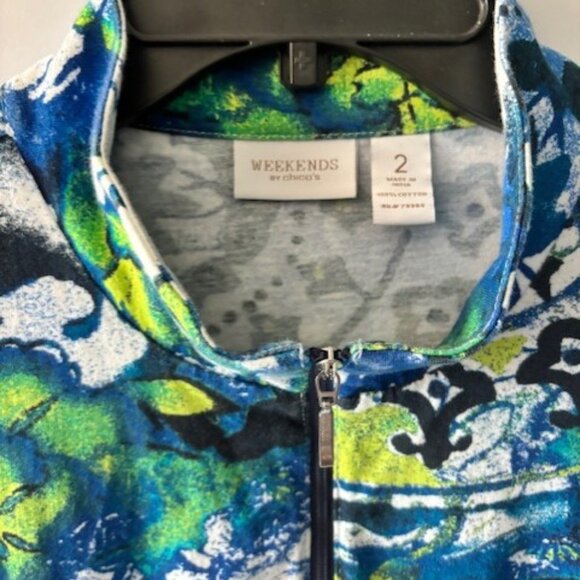 Weekends Chico's 2 Zip Jacket Long Sleeve Blue Green Artsy Vibrant L Statement - Picture 3 of 4